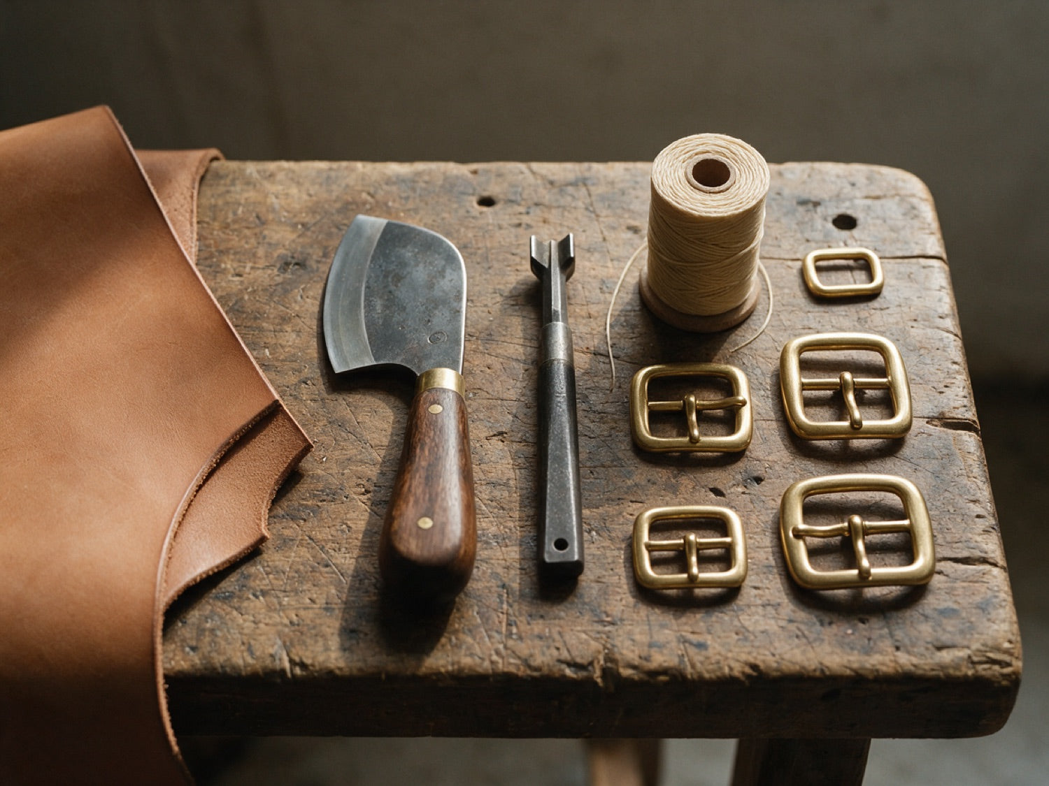 Hide, round knife, edge creaser, waxed linen and solid brass on the bench